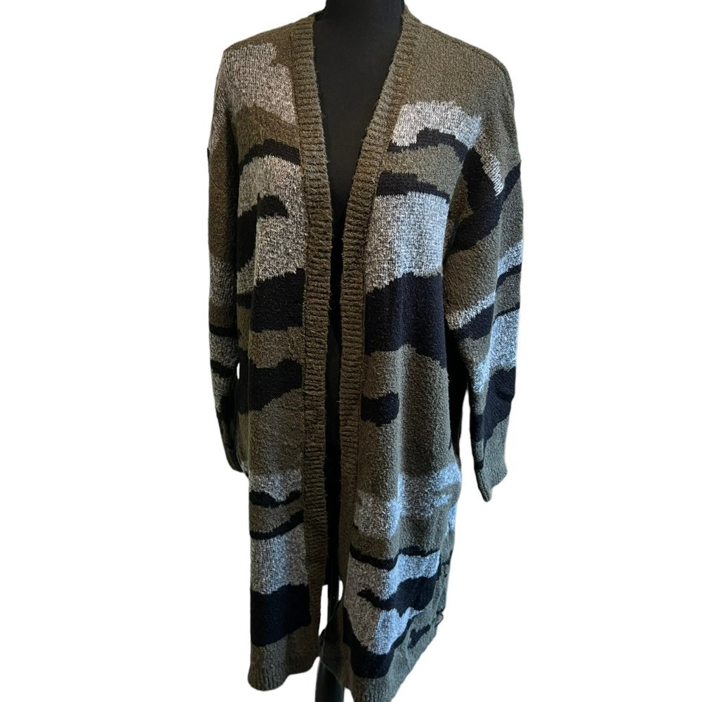 Knox Rose Womens Cardigan Open Front Long Sleeve Pockets Camo Green XXL
